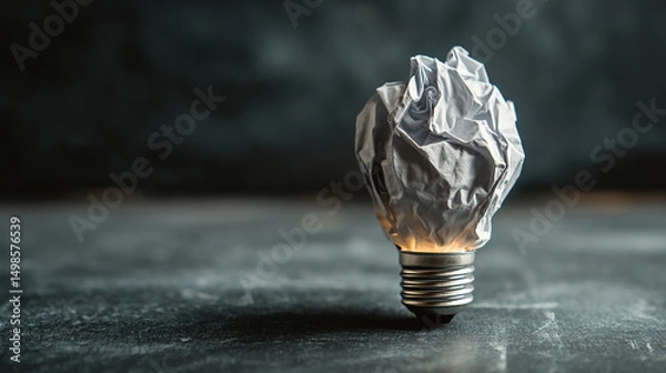 Obraz White Paper Crumpled Light Bulb on Dark Background Representing New Ideas and Creative Problem Solving