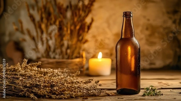 Fototapeta A beer bottle with soft candlelight and dried herbs in the background