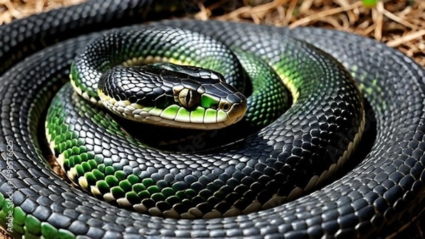 Obraz Glossy black and green snake resting in coiled position on forest ground with detailed shiny scales. Wildlife concept
