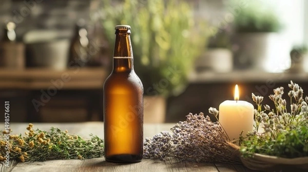 Fototapeta A beer bottle with soft candlelight and dried herbs in the background