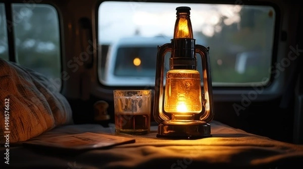 Fototapeta A beer bottle with vintage lantern light inside a camper van