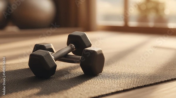Obraz Black Dumbbells on Yoga Mat on Wooden Floor Promoting Strength Training and Physical Activity