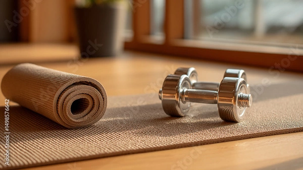 Obraz Dumbbells and Yoga Mat on Wooden Floor in Bright Sunlight Promoting Fitness and Healthy Lifestyle