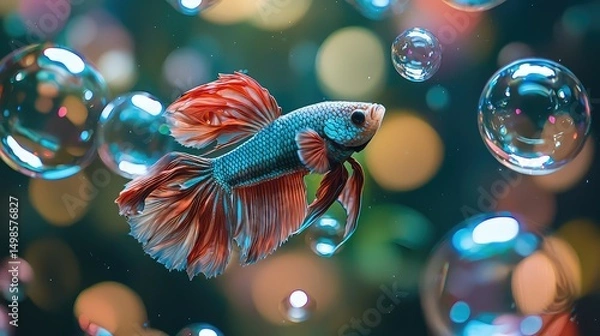 Fototapeta A betta fish flaring its fins inside a floating bubble world