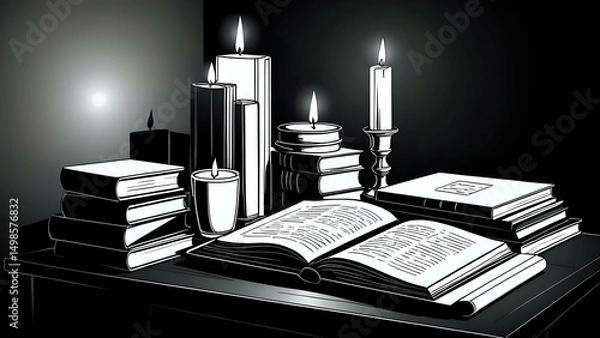Obraz Monochrome open book with stacked volumes and burning candles arranged on desk in dark vintage atmosphere. Literature concept
