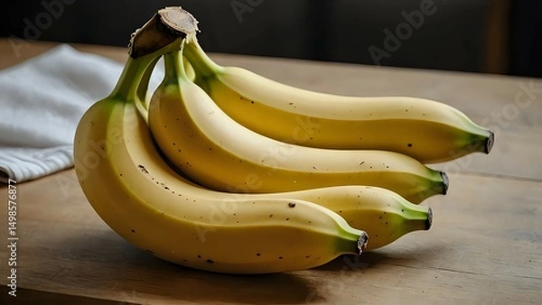 Obraz Fresh yellow bananas arranged on clean wood surface with soft fabric for natural kitchen scene. Food concept
