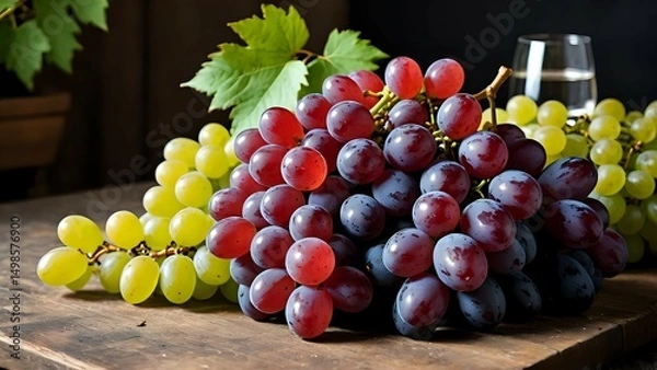 Obraz Fresh green and purple grapes placed on rustic wood surface with vine leaves for organic harvest setting. Food concept
