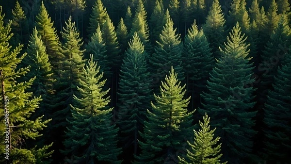 Obraz Lush green pine forest viewed from above with dense canopy illuminated by natural sunlight creating rich textures and shadows in peaceful landscape
