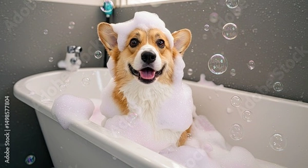 Obraz A corgi in a bubbly bath