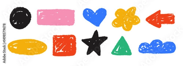 Obraz Colorful hand drawn crayon shape set. Bright charcoal geometric doodle collection. Childish sketch cloud, arrow, star, heart elements. Vector pastel pencil texture form pack for sticker, patch, badge