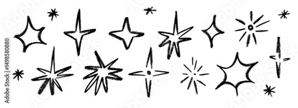 Obraz Black crayon hand drawn stars set. Childish doodled sparks and sparkles collection. Grunge rough brush stroke shine element pack for collage, poster, sticker. Kid sketched wax pencil symbols. Vector