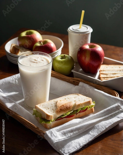 Obraz Healthy lunch: a balanced meal with fruits, drink, and sandwich on wooden table.