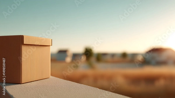 Obraz A single cardboard box sits on a ledge overlooking a suburban neighborhood at sunset, perfect for illustrating relocation, delivery or moving