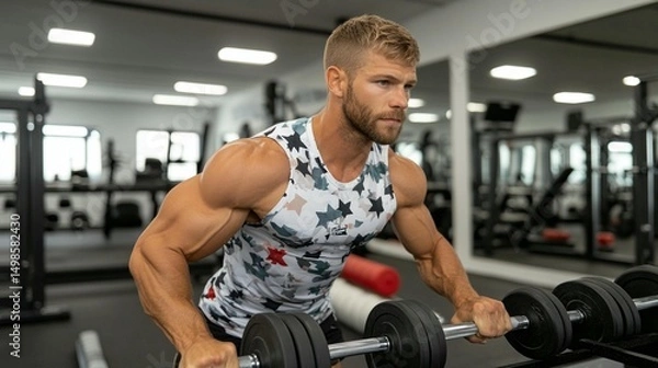 Fototapeta Muscular man performing dumbbell rows in a modern gym.  He's focused and has toned arms and shoulders