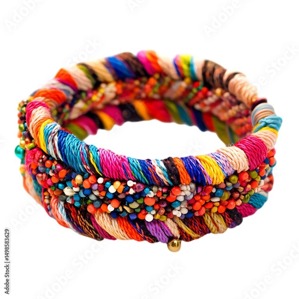 Fototapeta Artistic Woven Bracelet with an Eclectic Mix of Beads Isolated on Transparent Background