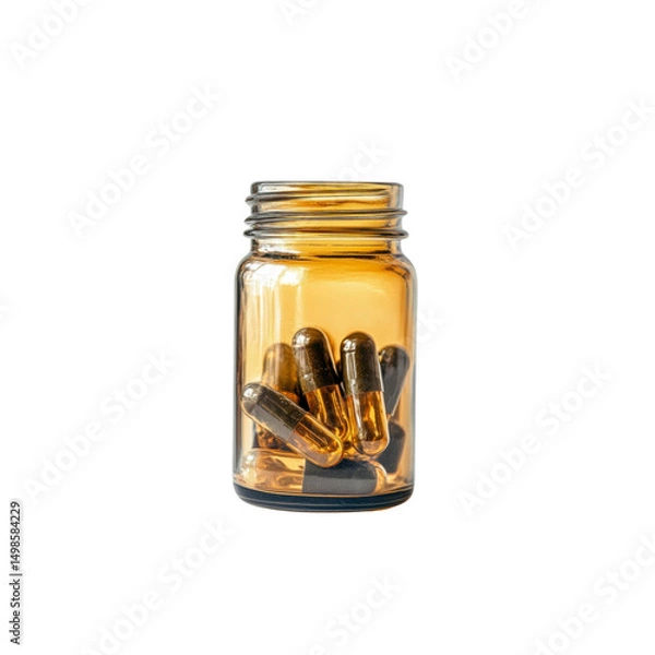 Fototapeta Amber Glass Bottle with Dark Capsules - Supplement, Medicine, Healthcare Concept