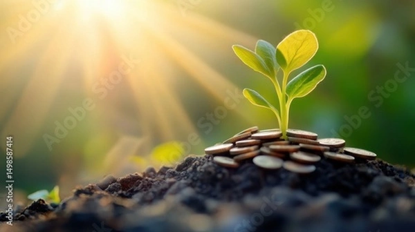 Fototapeta A young plant grows from a pile of coins, representing the connection between nature and financial investment. This image symbolizes hope and growth opportunities.