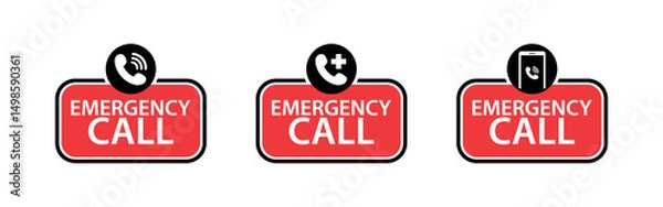 Fototapeta Red Emergency Call Button Vector Set Featuring Handset Silhouette, Medical Cross and Smartphone Graphics for Urgent Contact Design