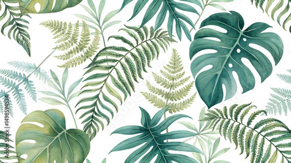 Fototapeta Watercolor seamless pattern with green leaves fern -background-with-overlapping-fern-and-mons 