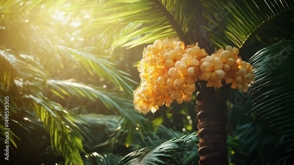 Obraz Bright Yellow Flowers on Tropical Palm Tree in Lush Green Environment