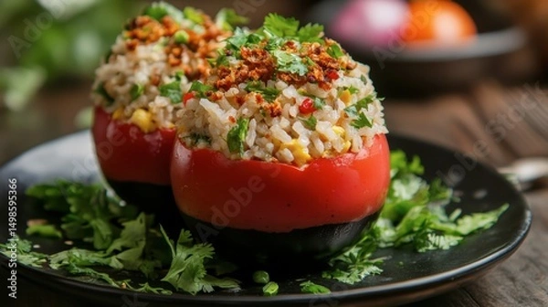Obraz Stuffed Red Tomatoes with Rice and Herbs on Dark Plate