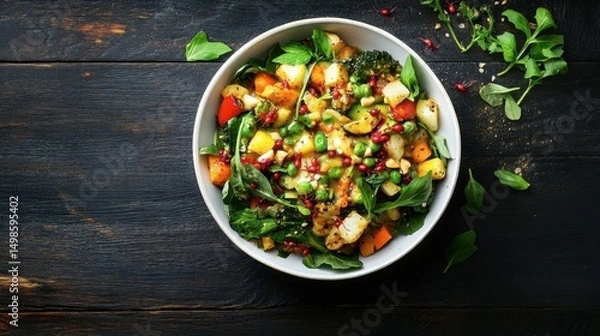 Fototapeta Fresh Colorful Vegetable Salad with Greens and Nuts on Wooden Table