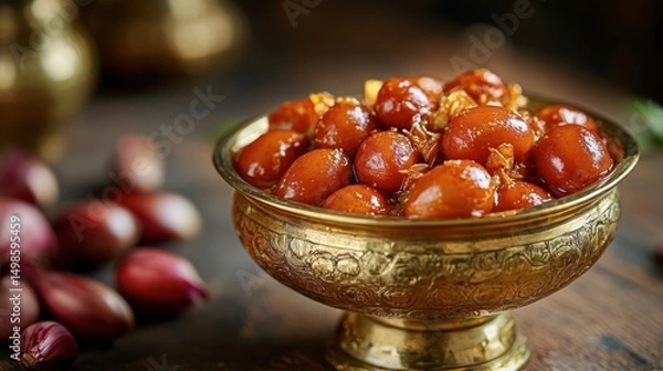 Obraz Traditional Indian Sweets in Elegant Bowl on Rustic Wooden Table
