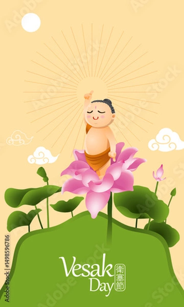Fototapeta A small and cute buddha emerged from a lotus flower. Vector, the Chinese words means Vesak Day.