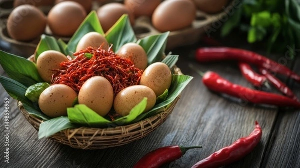 Obraz Fresh Eggs with Spices and Chili on Rustic Wooden Table