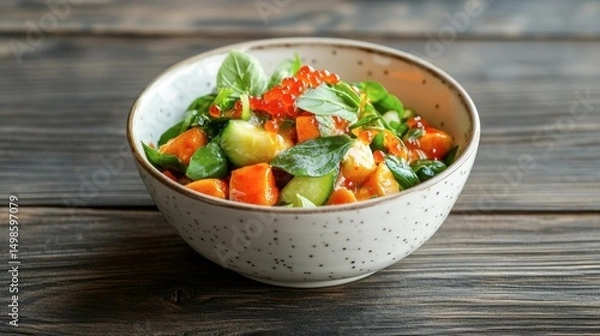 Obraz Fresh Colorful Salad with Vegetables and Garnish in White Bowl