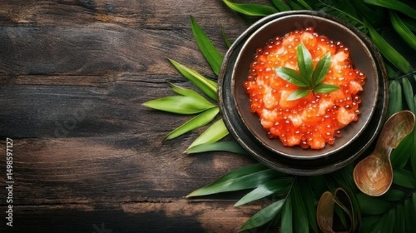 Obraz Fresh Red Caviar Served on Elegant Plate with Green Leaves Decor