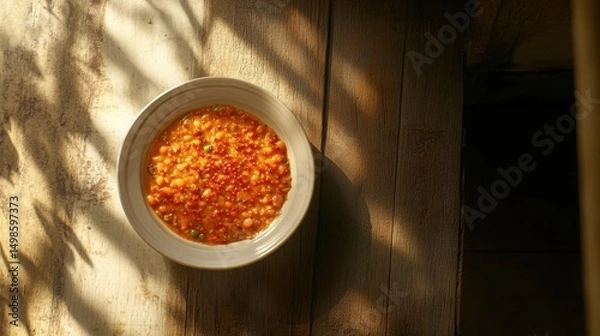 Obraz Colorful Bowl of Corn with Spices on Wooden Surface and Shadows