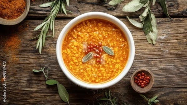 Fototapeta Warm and Flavorful Lentil Soup in Rustic Bowl Surrounded by Herbs