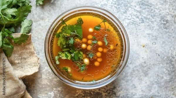 Obraz Fresh Homemade Soup with Herbs and Spices in Glass Jar