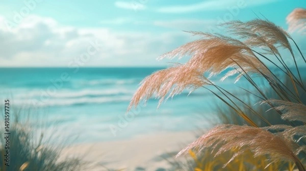 Obraz Serene Coastal Scene with Gentle Waves and Graceful Grass Dance
