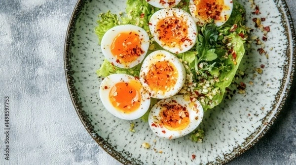 Obraz Delicious Soft Boiled Eggs on Fresh Green Salad with Spices