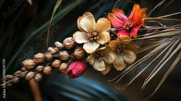 Obraz Beautiful Arrangement of Colorful Flowers and Natural Elements