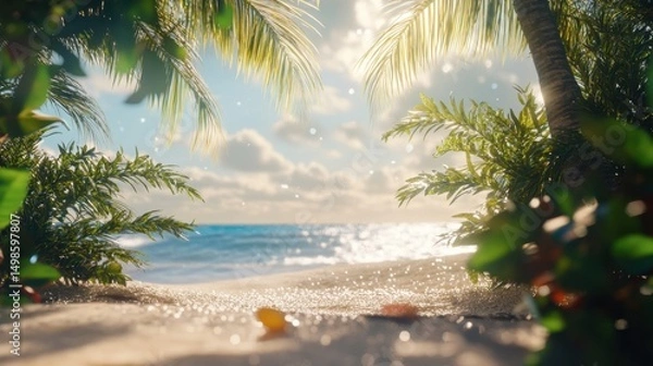 Obraz Serene Tropical Beach Scene with Palm Trees and Gentle Ocean Waves
