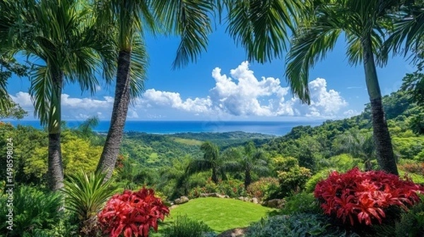 Obraz Tropical Landscape with Lush Greenery and Vibrant Flowers Near Ocean
