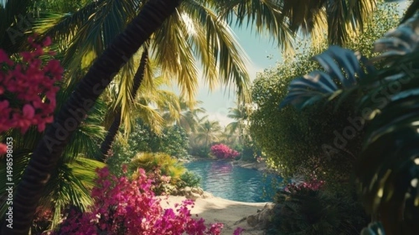 Obraz Serene Tropical Paradise with Lush Flora and Calm Water Reflections