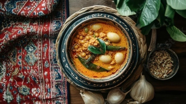 Obraz Traditional Spicy Curry with Vegetables and Herbs in Clay Pot