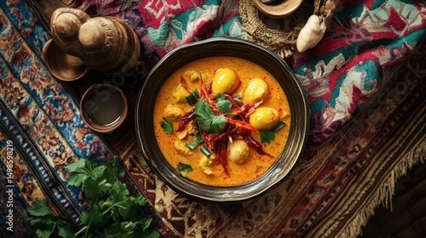 Obraz Vibrant Curry Dish with Fresh Ingredients on Colorful Textile Background