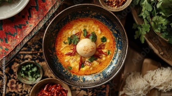 Obraz Delicious Bowl of Creamy Soup with Egg and Herbs on Rustic Table