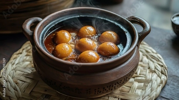 Obraz Traditional Indian Sweet Dish in Clay Pot with Steaming Dumplings
