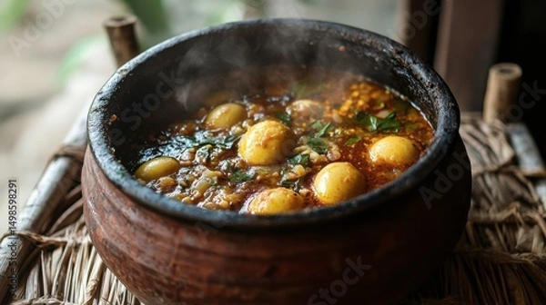 Obraz Traditional Spicy Egg Curry in Earthen Pot with Fresh Herbs