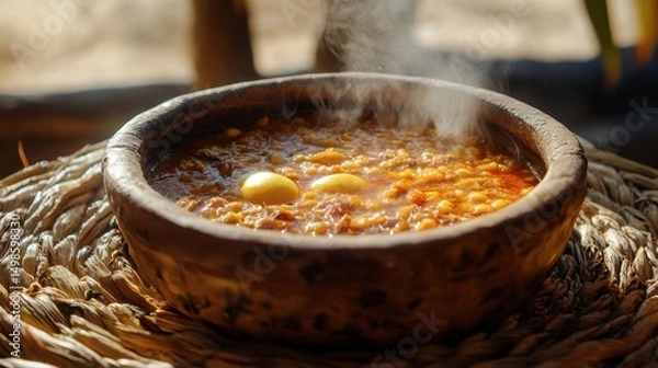 Fototapeta Delicious and Aromatic Stew with Boiling Eggs Served in Bowl