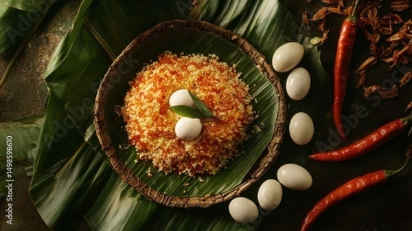 Obraz Delicious Traditional Dish with Spices and Quail Eggs on Leaves
