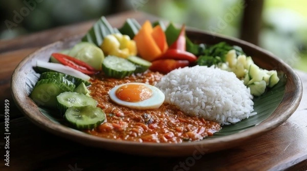Obraz Delicious traditional meal with rice, vegetables, and chili sauce