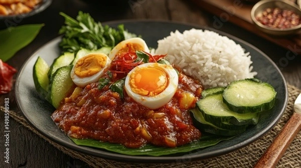 Obraz Delicious Plate of Spicy Rice with Egg and Fresh Vegetables