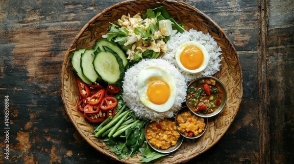 Obraz Freshly Prepared Vietnamese Rice Bowl with Egg and Vegetarian Dishes